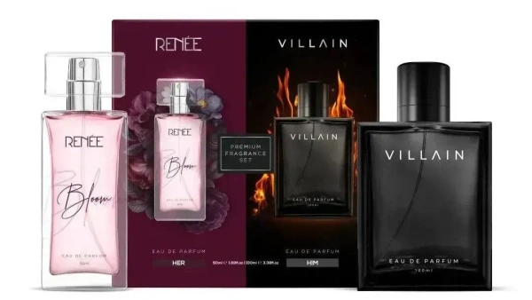 RENEE x VILLAIN Him & Her Premium Eau De Parfum Gift Set 50 ml + 100 ml| Long Lasting Luxurious Perfume Combo for Men & Women| Scent for All Occasions - 100ML+100ML, Dune, 600GM, ATTAR FREE