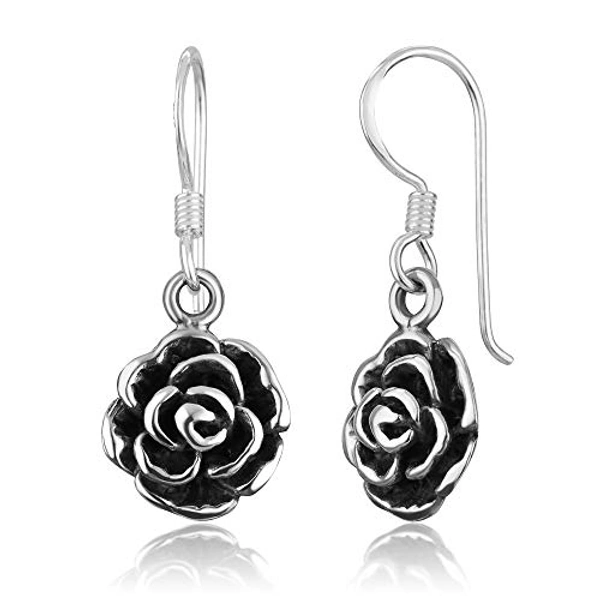 925 Oxidized Sterling Silver Vintage Rose Flower Dangle Hook Earrings