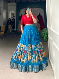 Azorte Fashion Dola Silk Co-ord Set Lehenga with Kalamkari Print | Ready to Wear Festive Outfit - LHA, Stitched, Stitched at 38" (Adjustable up to 42")