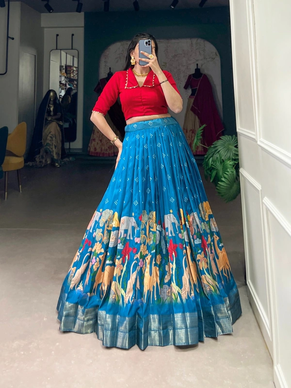 Azorte Fashion Dola Silk Co-ord Set Lehenga with Kalamkari Print | Ready to Wear Festive Outfit - LHA, Stitched, Stitched at 38" (Adjustable up to 42")