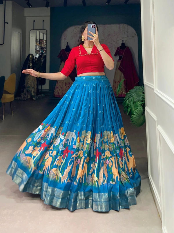 Azorte Fashion Dola Silk Co-ord Set Lehenga with Kalamkari Print | Ready to Wear Festive Outfit - LHA, Stitched, Stitched at 38" (Adjustable up to 42")