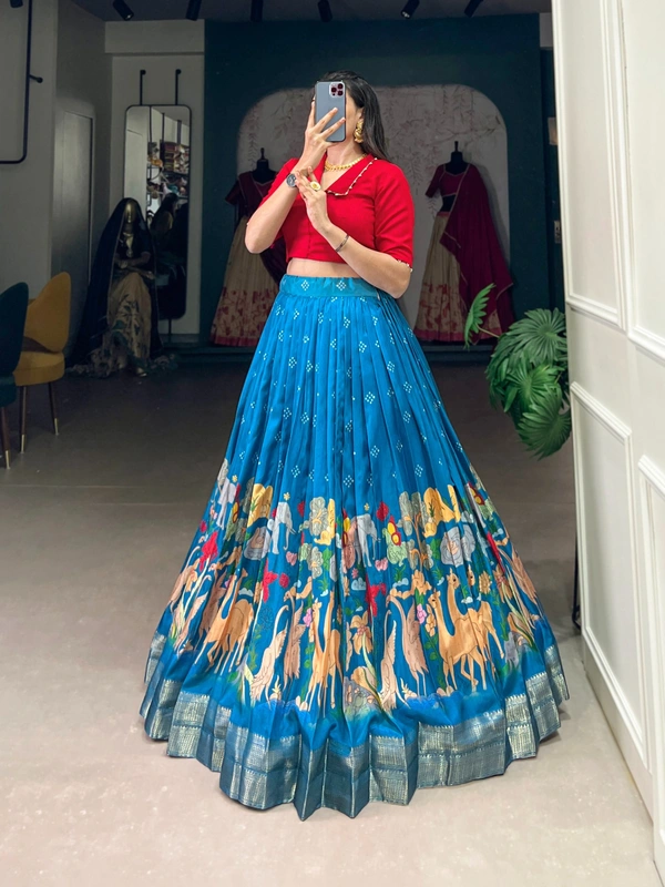 Azorte Fashion Dola Silk Co-ord Set Lehenga with Kalamkari Print | Ready to Wear Festive Outfit - LHA, Stitched, Stitched at 38" (Adjustable up to 42")