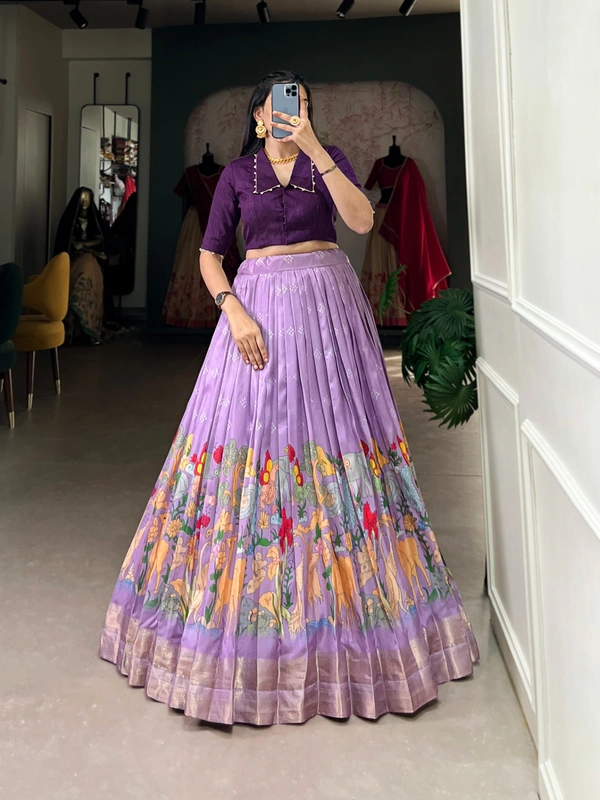 Azorte Fashion Dola Silk Co-ord Set Lehenga with Kalamkari Print | Ready to Wear Festive Outfit - LWA, Stitched, Stitched at 38" (Adjustable up to 42")