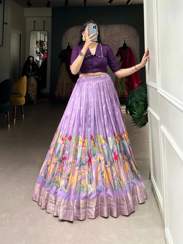 Azorte Fashion Dola Silk Co-ord Set Lehenga with Kalamkari Print | Ready to Wear Festive Outfit - LWA, Stitched, Stitched at 38" (Adjustable up to 42")