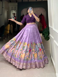 Azorte Fashion Dola Silk Co-ord Set Lehenga with Kalamkari Print | Ready to Wear Festive Outfit - LWA, Stitched, Stitched at 38" (Adjustable up to 42")