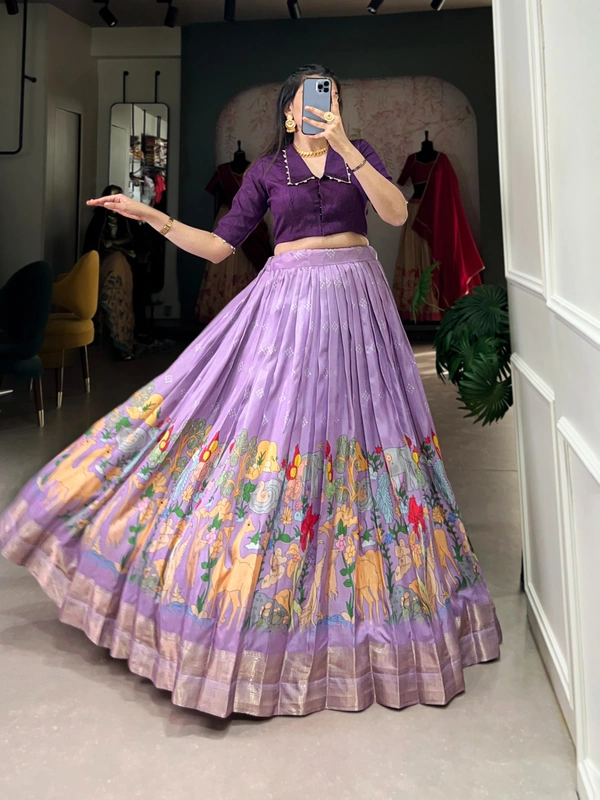 Azorte Fashion Dola Silk Co-ord Set Lehenga with Kalamkari Print | Ready to Wear Festive Outfit - LWA, Stitched, Stitched at 38" (Adjustable up to 42")