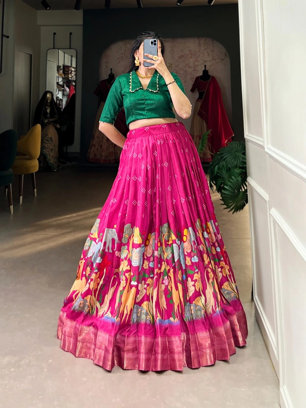 Azorte Fashion Dola Silk Co-ord Set Lehenga with Kalamkari Print | Ready to Wear Festive Outfit - RZMT, Stitched, Stitched at 38" (Adjustable up to 42")