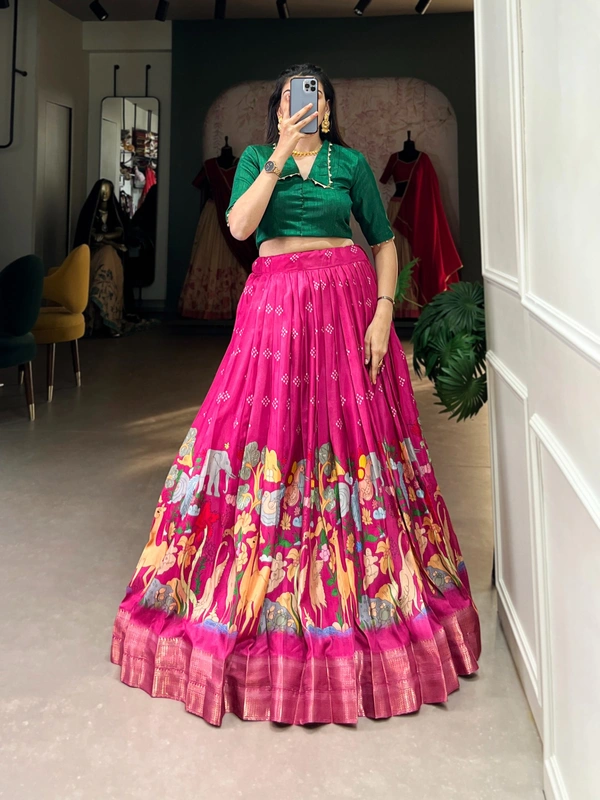 Azorte Fashion Dola Silk Co-ord Set Lehenga with Kalamkari Print | Ready to Wear Festive Outfit - RZMT, Stitched, Stitched at 38" (Adjustable up to 42")