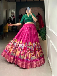 Azorte Fashion Dola Silk Co-ord Set Lehenga with Kalamkari Print | Ready to Wear Festive Outfit - RZMT, Stitched, Stitched at 38" (Adjustable up to 42")