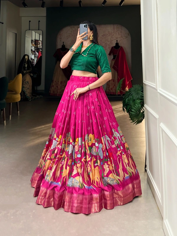 Azorte Fashion Dola Silk Co-ord Set Lehenga with Kalamkari Print | Ready to Wear Festive Outfit - RZMT, Stitched, Stitched at 38" (Adjustable up to 42")