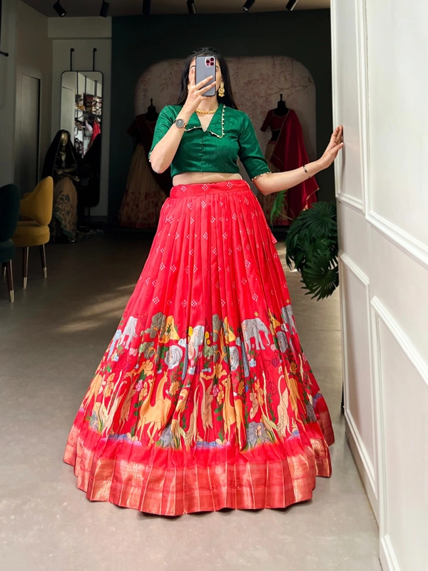 Azorte Fashion Dola Silk Co-ord Set Lehenga with Kalamkari Print | Ready to Wear Festive Outfit - TRD, Stitched, Stitched at 38" (Adjustable up to 42")