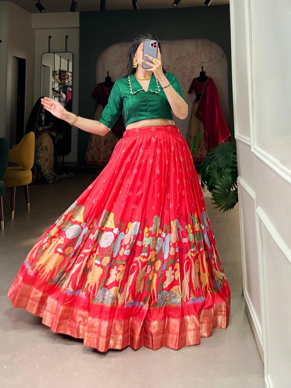 Azorte Fashion Dola Silk Co-ord Set Lehenga with Kalamkari Print | Ready to Wear Festive Outfit - TRD, Stitched, Stitched at 38" (Adjustable up to 42")