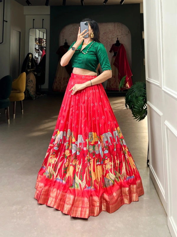 Azorte Fashion Dola Silk Co-ord Set Lehenga with Kalamkari Print | Ready to Wear Festive Outfit - TRD, Stitched, Stitched at 38" (Adjustable up to 42")