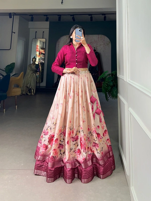 Azorte Fashion Floral Print Co-ord Set Lehenga in Dola Silk | Stitched Lehenga with Long Sleeves - Stitched, Stitched at 38" (Adjustable from 36" to 42")