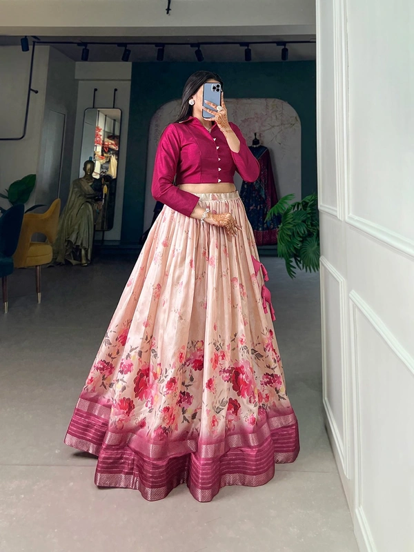 Azorte Fashion Floral Print Co-ord Set Lehenga in Dola Silk | Stitched Lehenga with Long Sleeves - Stitched, Stitched at 38" (Adjustable from 36" to 42")