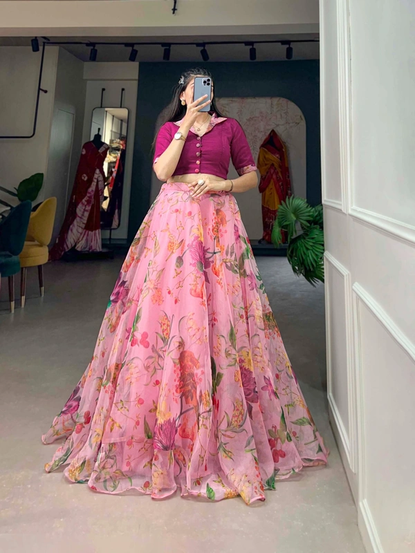 Azorte Fashion Floral Print Organza Co-ord Set Lehenga | Lightweight 2-Piece Partywear Lehenga Choli - MLS, Stitched, Stitched at 38" (Adjustable from 36" to 42")