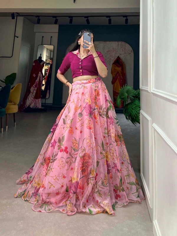 Azorte Fashion Floral Print Organza Co-ord Set Lehenga | Lightweight 2-Piece Partywear Lehenga Choli - MLS, Stitched, Stitched at 38" (Adjustable from 36" to 42")