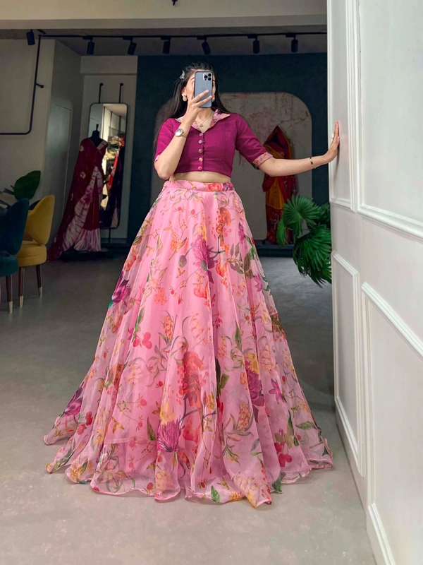 Azorte Fashion Floral Print Organza Co-ord Set Lehenga | Lightweight 2-Piece Partywear Lehenga Choli - MLS, Stitched, Stitched at 38" (Adjustable from 36" to 42")