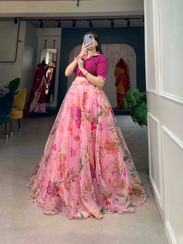 Azorte Fashion Floral Print Organza Co-ord Set Lehenga | Lightweight 2-Piece Partywear Lehenga Choli - MLS, Stitched, Stitched at 38" (Adjustable from 36" to 42")