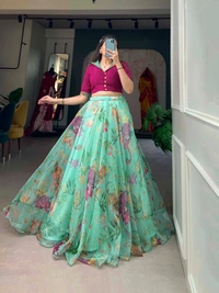 Azorte Fashion Floral Print Organza Co-ord Set Lehenga | Lightweight 2-Piece Partywear Lehenga Choli - TRD, Stitched, Stitched at 38" (Adjustable from 36" to 42")