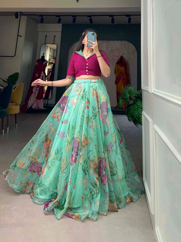 Azorte Fashion Floral Print Organza Co-ord Set Lehenga | Lightweight 2-Piece Partywear Lehenga Choli - TRD, Stitched, Stitched at 38" (Adjustable from 36" to 42")