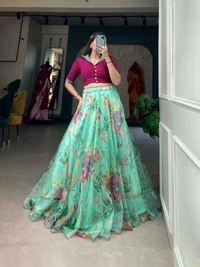 Azorte Fashion Floral Print Organza Co-ord Set Lehenga | Lightweight 2-Piece Partywear Lehenga Choli - TRD, Stitched, Stitched at 38" (Adjustable from 36" to 42")