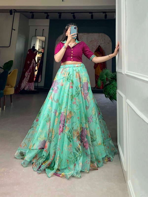 Azorte Fashion Floral Print Organza Co-ord Set Lehenga | Lightweight 2-Piece Partywear Lehenga Choli - TRD, Stitched, Stitched at 38" (Adjustable from 36" to 42")