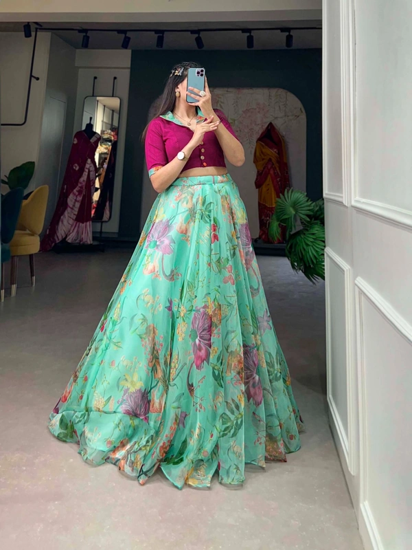 Azorte Fashion Floral Print Organza Co-ord Set Lehenga | Lightweight 2-Piece Partywear Lehenga Choli - TRD, Stitched, Stitched at 38" (Adjustable from 36" to 42")