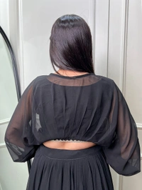 Azorte Fashion Georgette Embroidered Co-ord Set Lehenga | Black Partywear Lehenga Choli with Crop Top - BLK, Stitched, Stitched at 38" (Adjustable from 36" to 42")