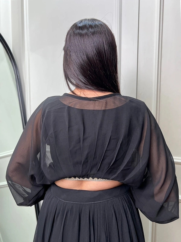 Azorte Fashion Georgette Embroidered Co-ord Set Lehenga | Black Partywear Lehenga Choli with Crop Top - BLK, Stitched, Stitched at 38" (Adjustable from 36" to 42")