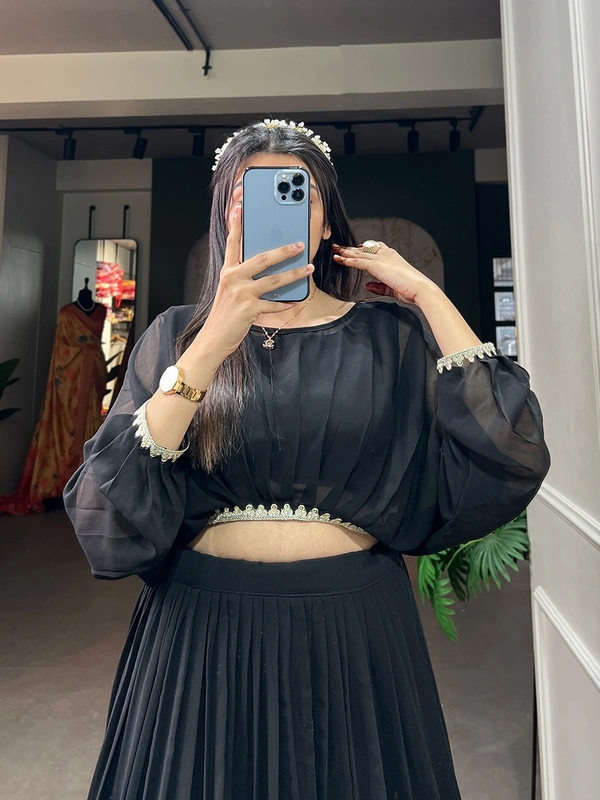 Azorte Fashion Georgette Embroidered Co-ord Set Lehenga | Black Partywear Lehenga Choli with Crop Top - BLK, Stitched, Stitched at 38" (Adjustable from 36" to 42")
