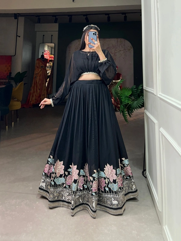 Azorte Fashion Georgette Embroidered Co-ord Set Lehenga | Black Partywear Lehenga Choli with Crop Top - BLK, Stitched, Stitched at 38" (Adjustable from 36" to 42")