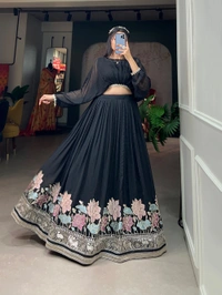 Azorte Fashion Georgette Embroidered Co-ord Set Lehenga | Black Partywear Lehenga Choli with Crop Top - BLK, Stitched, Stitched at 38" (Adjustable from 36" to 42")