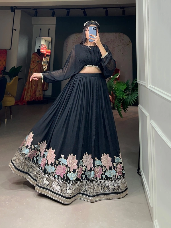 Azorte Fashion Georgette Embroidered Co-ord Set Lehenga | Black Partywear Lehenga Choli with Crop Top - BLK, Stitched, Stitched at 38" (Adjustable from 36" to 42")