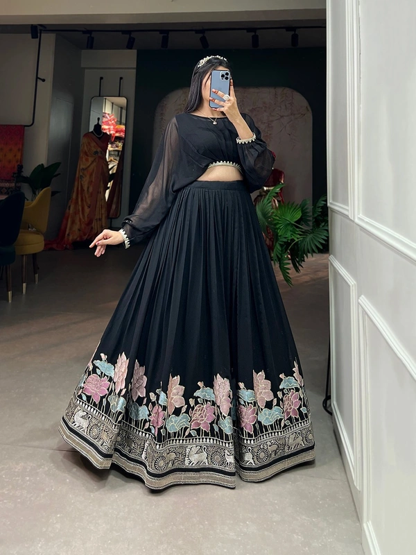 Azorte Fashion Georgette Embroidered Co-ord Set Lehenga | Black Partywear Lehenga Choli with Crop Top - BLK, Stitched, Stitched at 38" (Adjustable from 36" to 42")