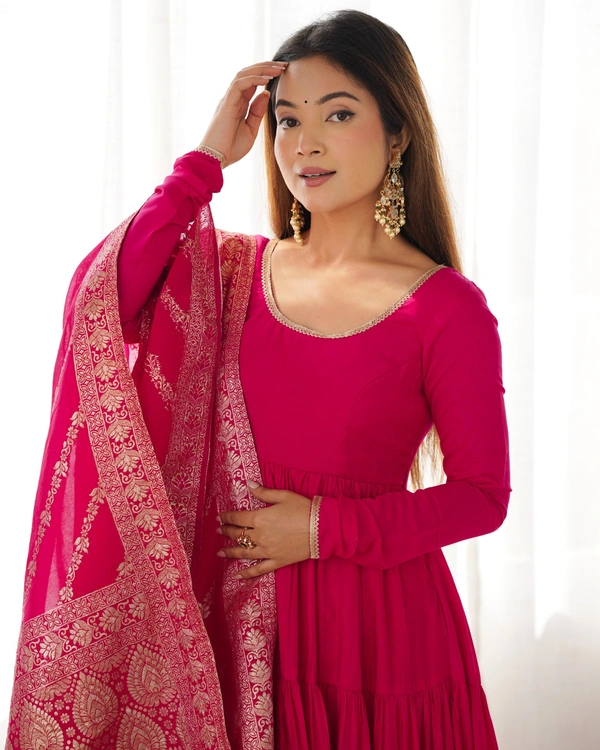 Azorte Fashion Pure Roman Silk Chanderi Anarkali Suit – 9m Flair, Banarasi Dupatta & Churidar Sleeves - Shiraz, S (36)