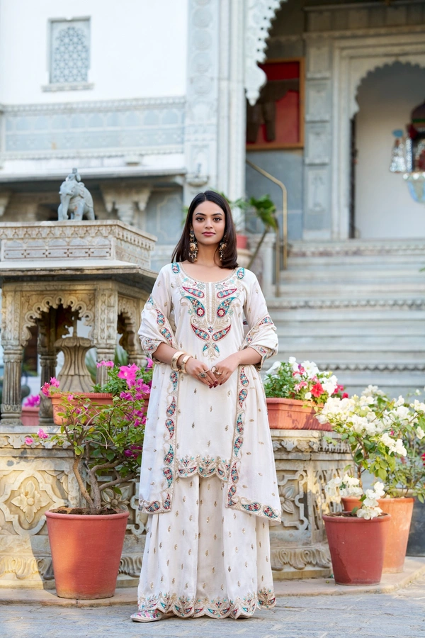 Azorte Fashion Vichitra Silk Palazzo Set | Embroidered Ethnic Dress | Ready to Wear - XXL
