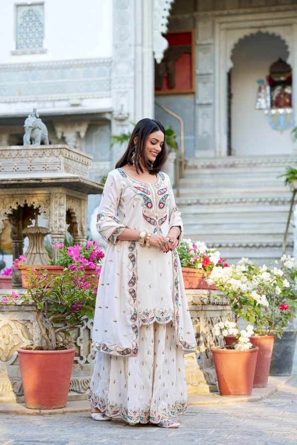 Azorte Fashion Vichitra Silk Palazzo Set | Embroidered Ethnic Dress | Ready to Wear - XXL