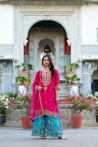 Azorte Fashion Moonga Silk Palazzo Set | Embroidered Ethnic Dress | Ready to Wear - XXL