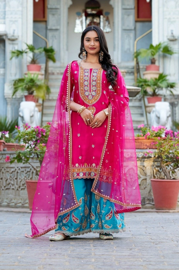 Azorte Fashion Moonga Silk Palazzo Set | Embroidered Ethnic Dress | Ready to Wear - XXL