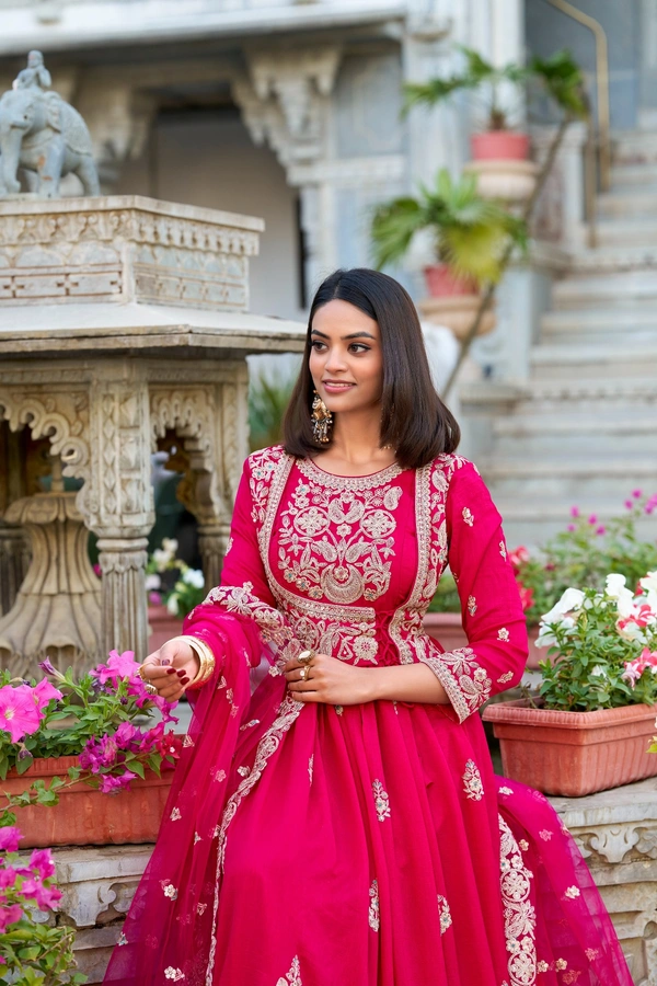 Azorte Fashion Vichitra Silk Embroidered Gown | Ready to Wear | Ethnic Elegance - L