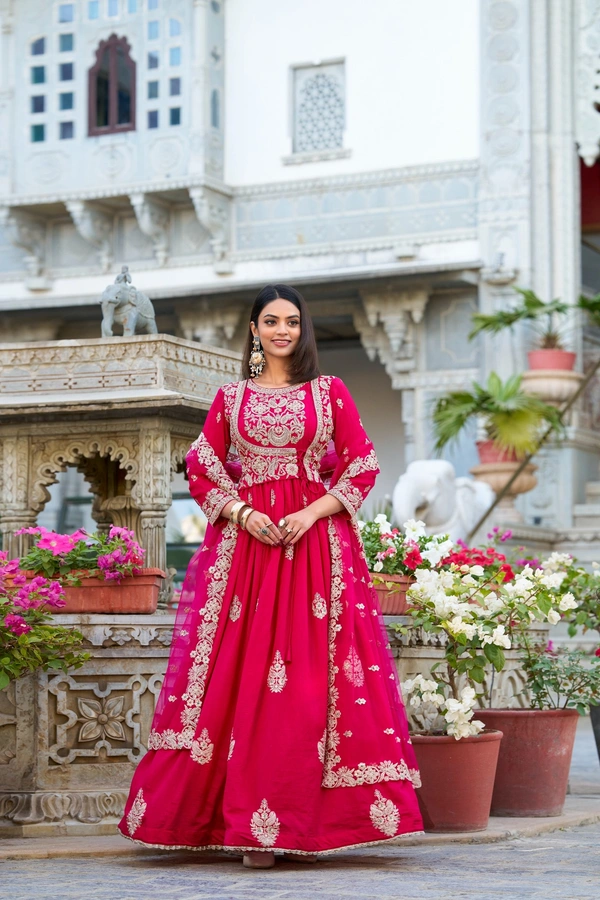 Azorte Fashion Vichitra Silk Embroidered Gown | Ready to Wear | Ethnic Elegance - L