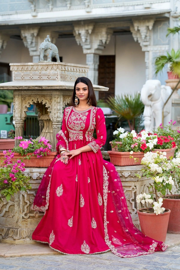 Azorte Fashion Vichitra Silk Embroidered Gown | Ready to Wear | Ethnic Elegance - L