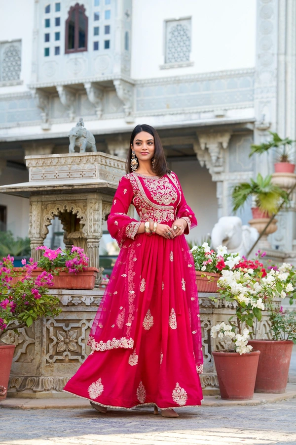 Azorte Fashion Vichitra Silk Embroidered Gown | Ready to Wear | Ethnic Elegance - L