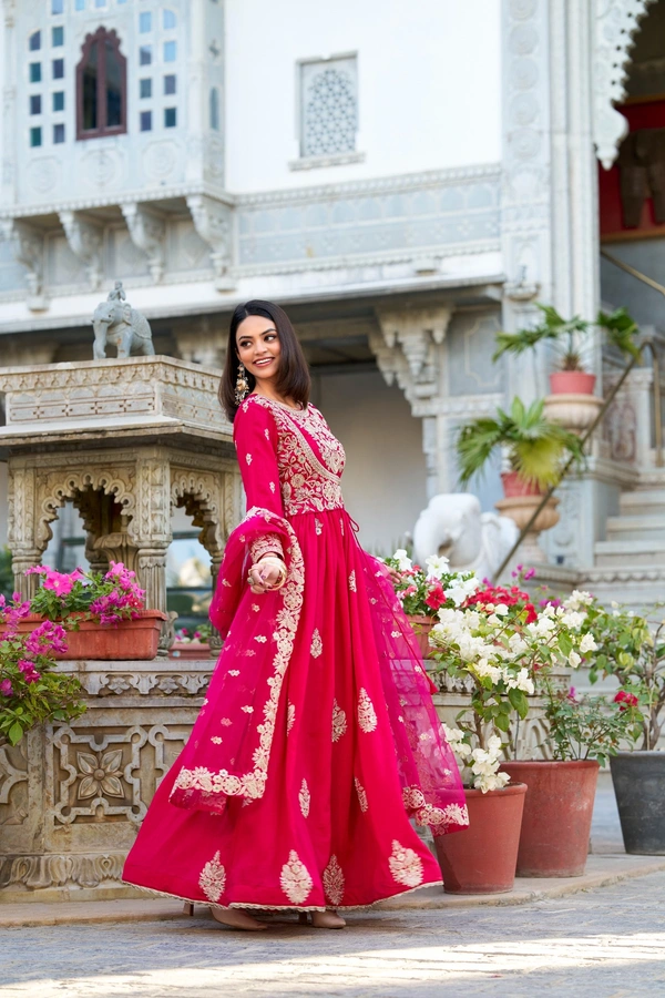 Azorte Fashion Vichitra Silk Embroidered Gown | Ready to Wear | Ethnic Elegance - L