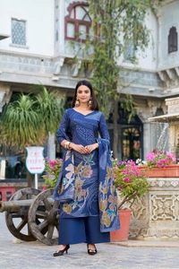 Azorte Fashion Buy Designer Vichitra Silk Embroidered Gown Set – Fully Stitched & Ready to Wear - Ast, M