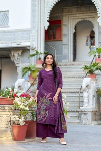 Azorte Fashion Buy Designer Vichitra Silk Embroidered Gown Set – Fully Stitched & Ready to Wear - PUR, M
