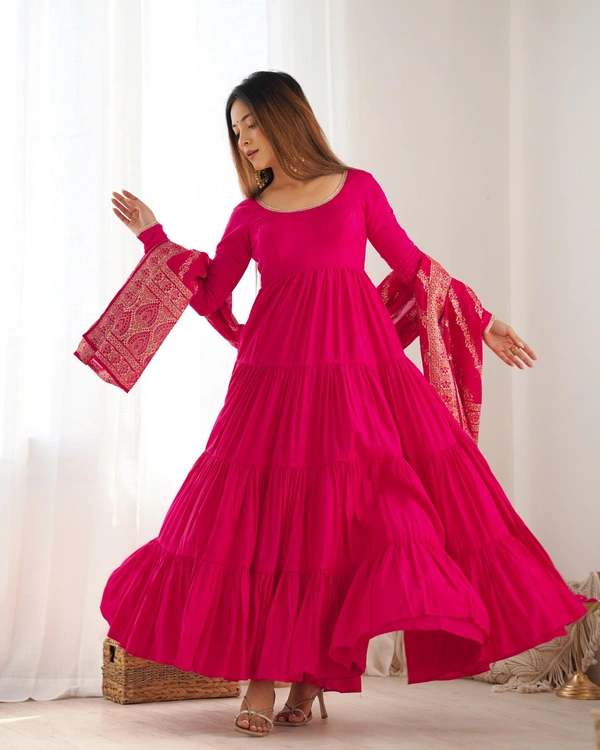 Azorte Fashion Pure Roman Silk Chanderi Anarkali Suit – 9m Flair, Banarasi Dupatta & Churidar Sleeves - Shiraz, S (36)