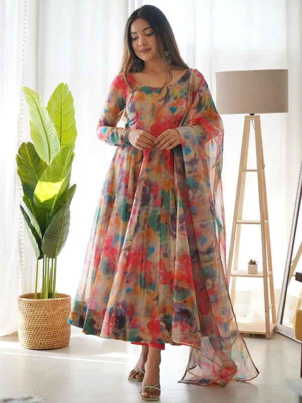 Azorte Fashion Shop Elegant Organza Silk Kali Anarkali Set – Dupatta & Pants Included - Vol, S (36)
