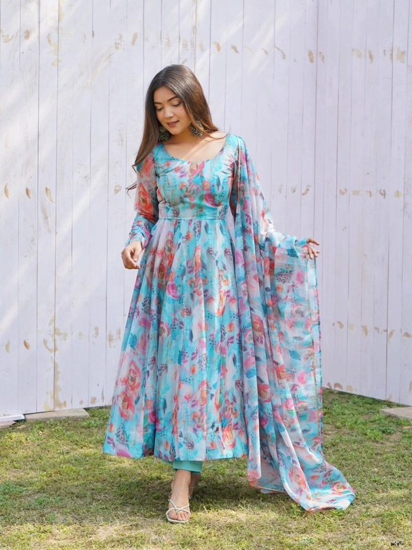 Azorte Fashion Shop Elegant Organza Silk Kali Anarkali Set – Dupatta & Pants Included - Sky, XXL (44)